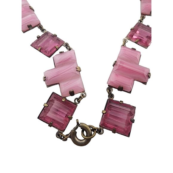 Antique Super Rare Opaque Striated & Clear Art Deco Vauxhall Necklace (A3270) - Picture 4 of 8